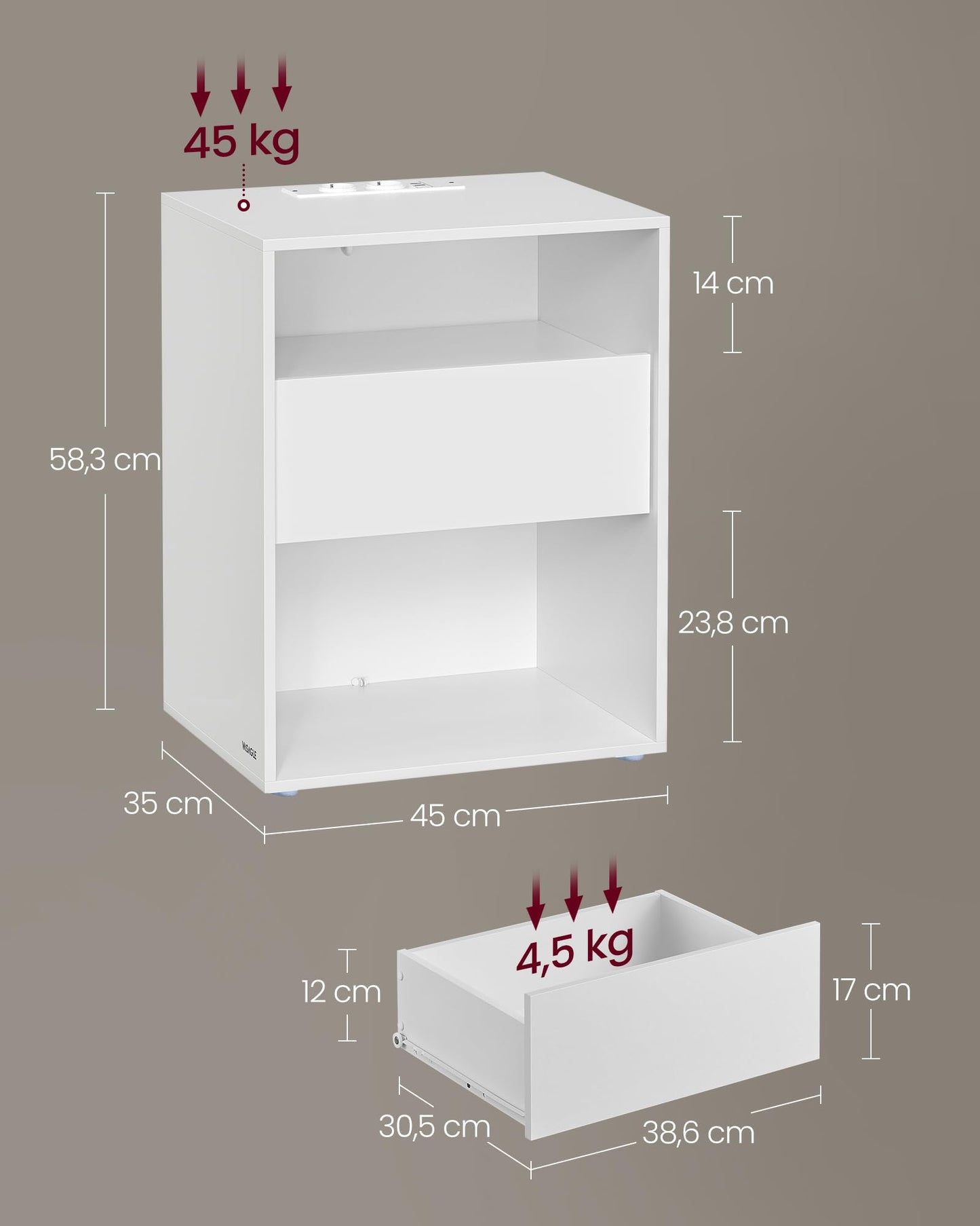 VASAGLE Side Table with Drawer & Charging Function | Tool-Free Assembly (Matte White)
