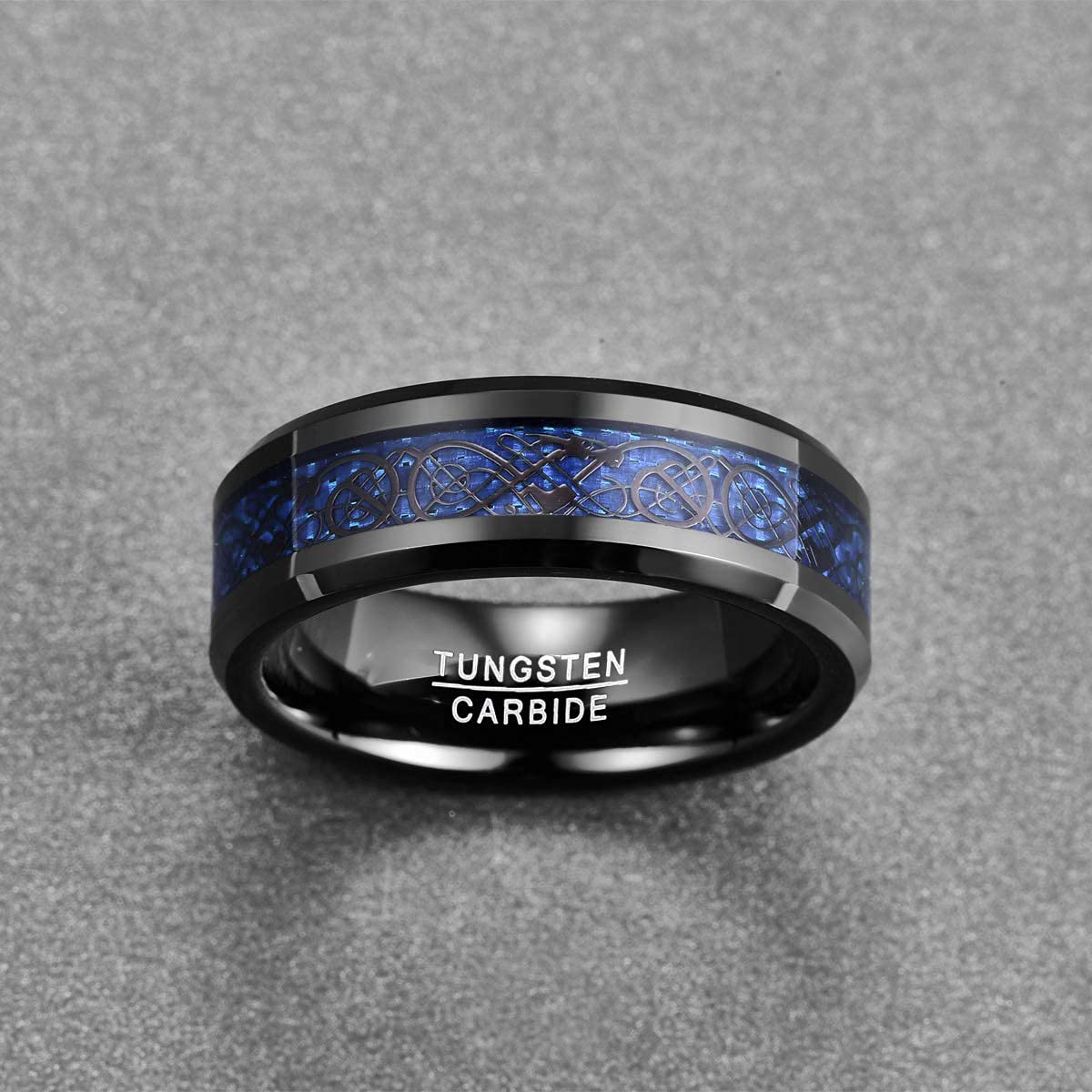 Black Tungsten Ring with Celtic Dragons for Men: Blue Carbon Fiber Polished (8mm)