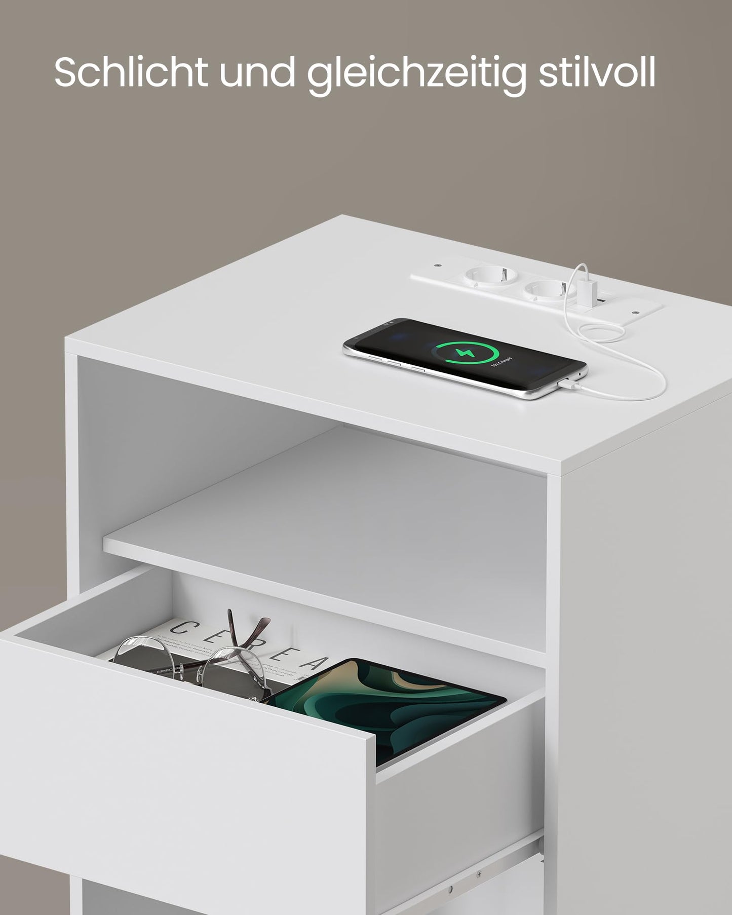 VASAGLE Side Table with Drawer & Charging Function | Tool-Free Assembly (Matte White)