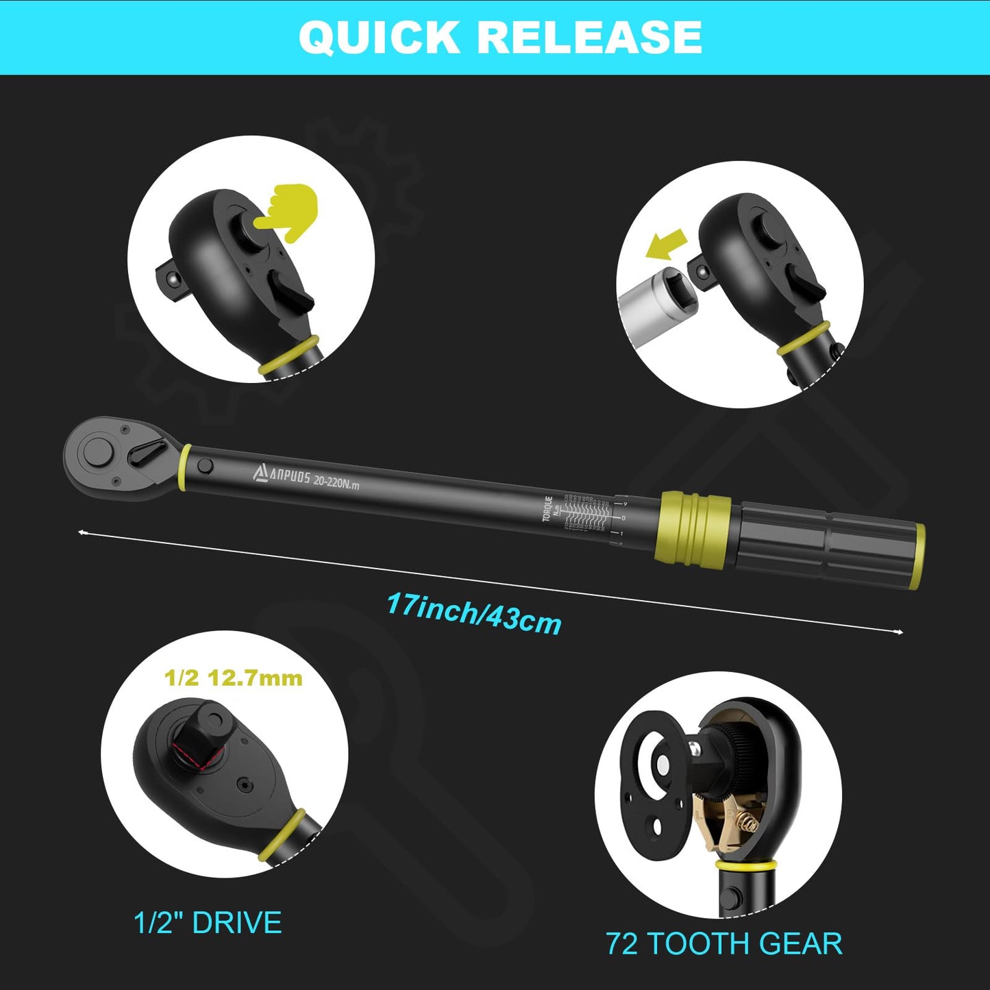 Torque wrench 1/2 inch, 20-220 Nm, ±3% error accuracy: 72 teeth tire wrench tool with storage box