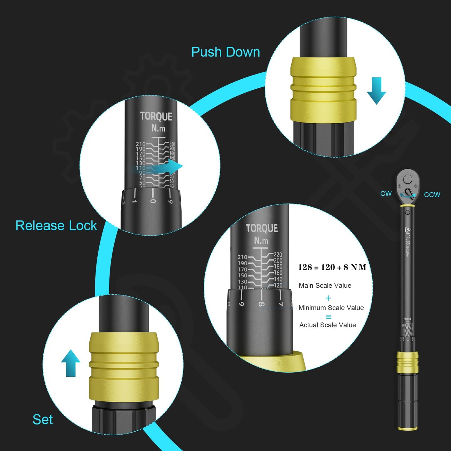 Torque wrench 1/2 inch, 20-220 Nm, ±3% error accuracy: 72 teeth tire wrench tool with storage box