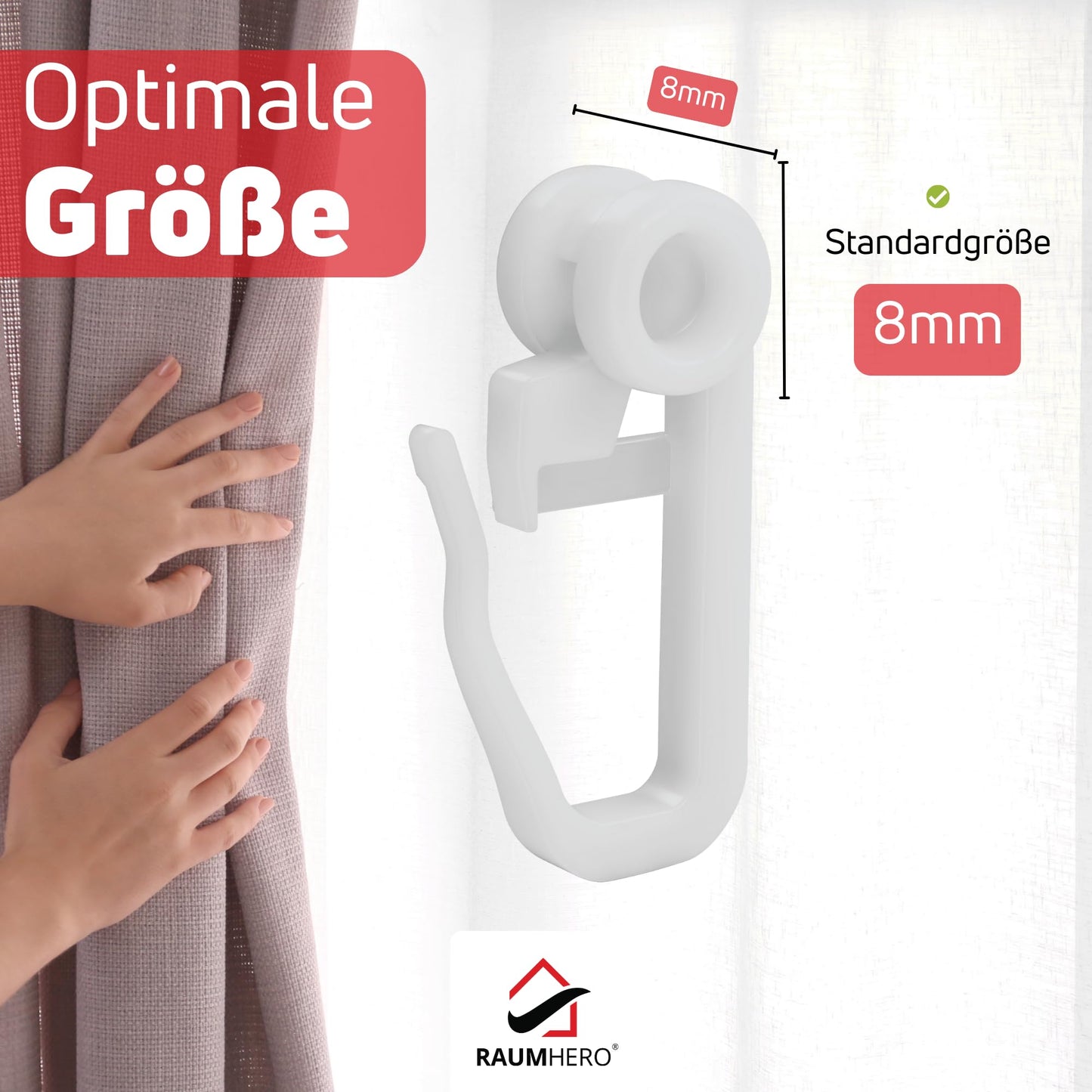 Raumhero curtain roller gliders (100 hooks & 6 fasteners) -White- Made in Germany