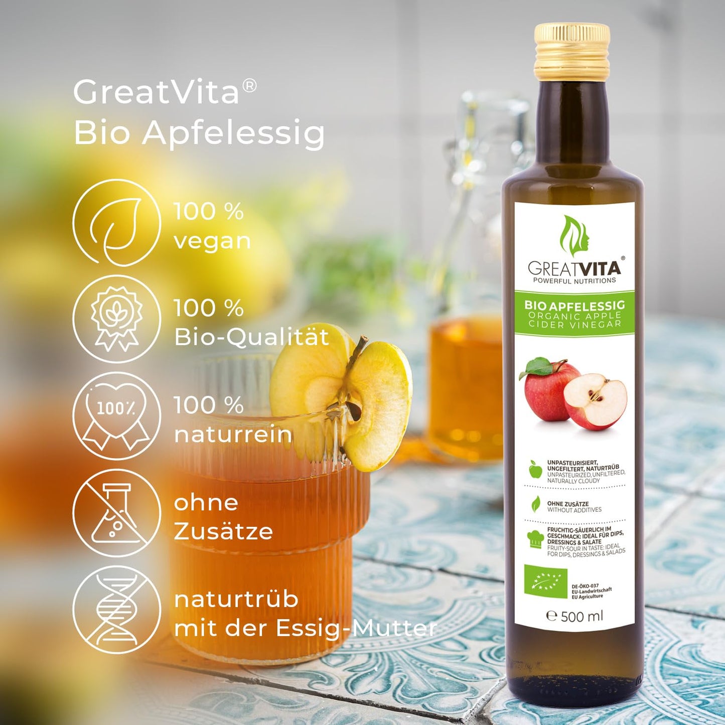 GreatVita 100% Organic Apple Cider Vinegar (2x 500ml - 1 Liter): Naturally cloudy & unfiltered from organic farming