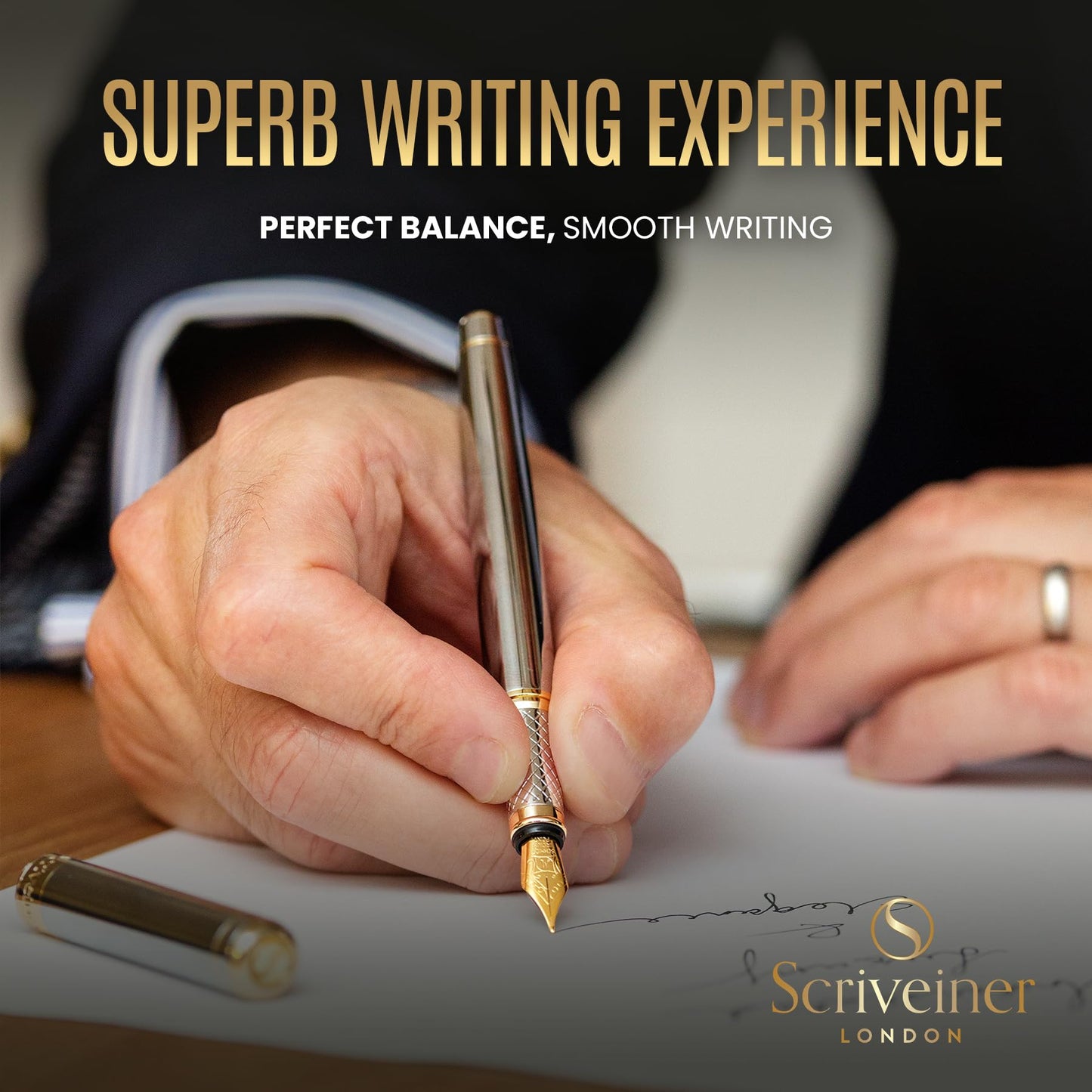 Scriveiner Silver Fountain Pen with Real Gold Finish, Schmidt Gold-Plated Nib (Medium), Best Gift for Men and Women, Managers, Executives (Silver Chrome)