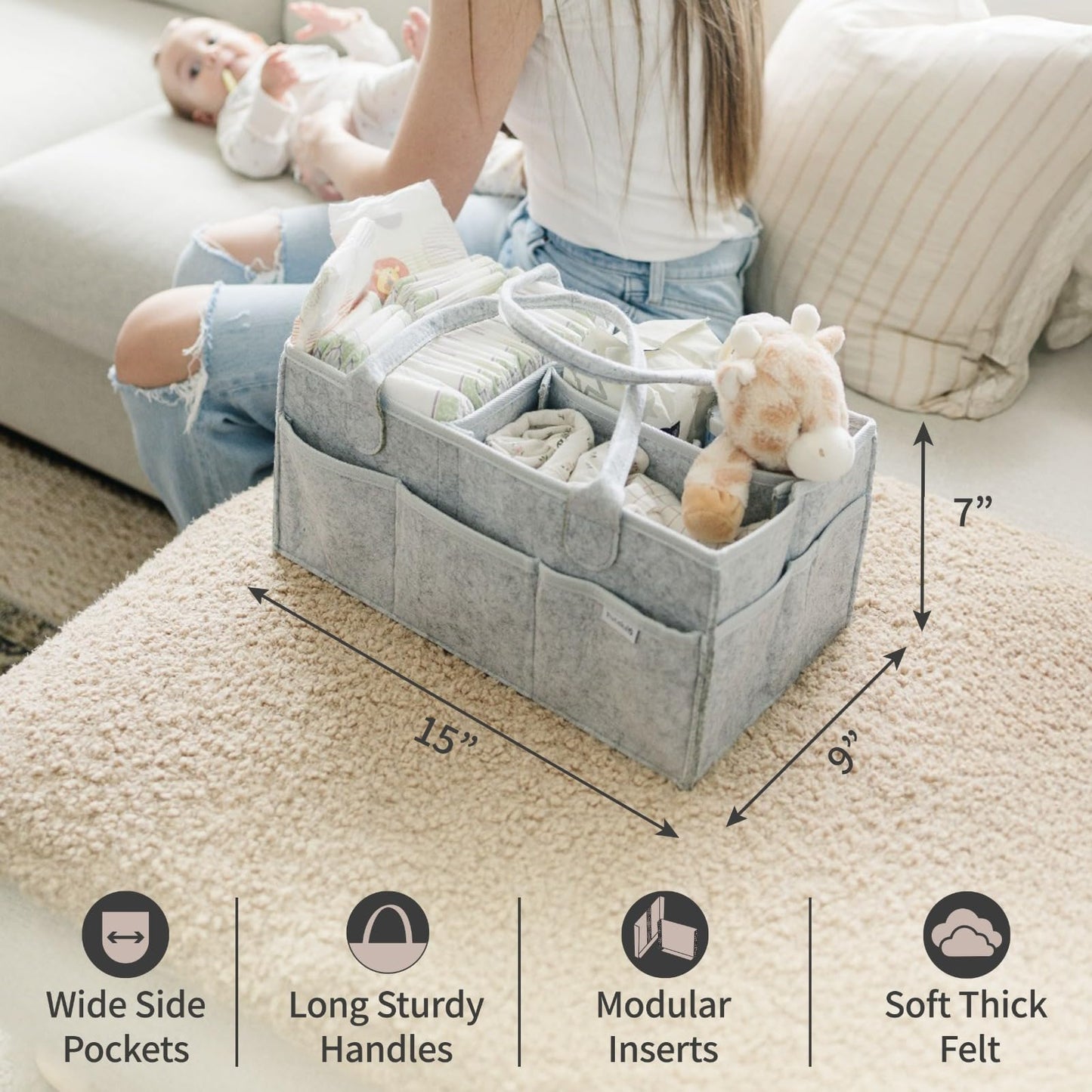 Storage basket for baby items, changing table & care with 8 outside pockets: Baby gift
