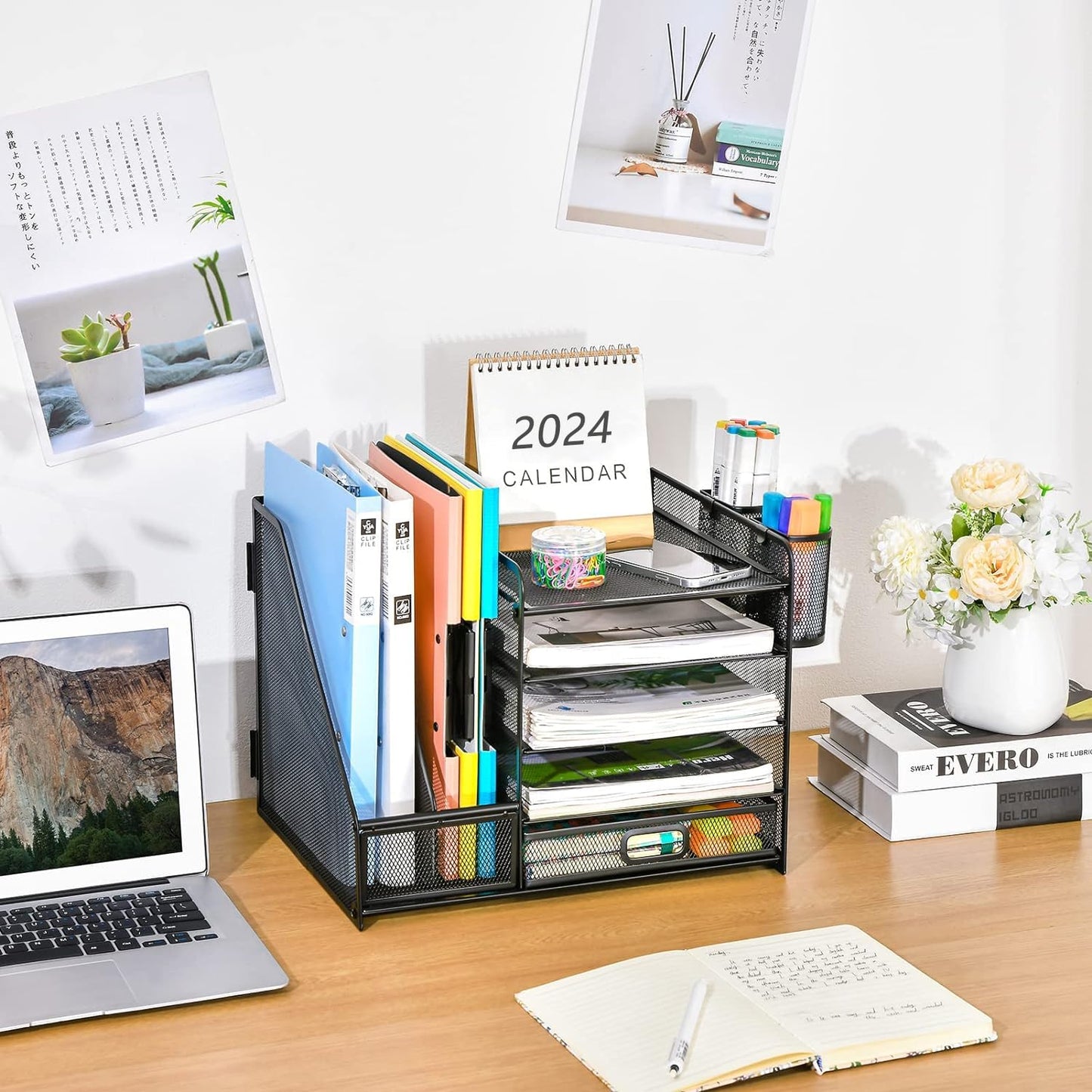 Desk organizer with file holder: 5 storage compartments with drawer, 2 pen holders (black)