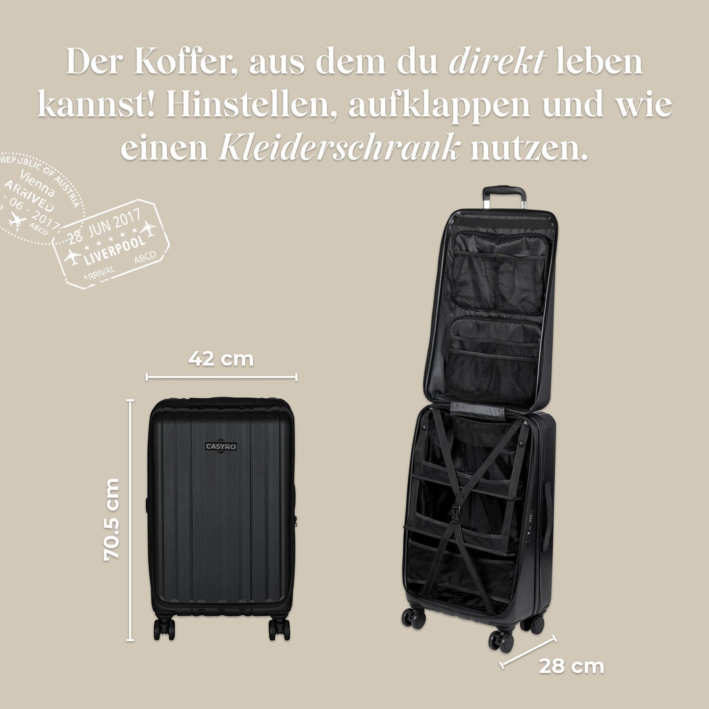 CASYRO Hartschalen Reisekoffer 'M' zum Aufklappen: Nutzbar wie Kleiderschrank | Schwarz