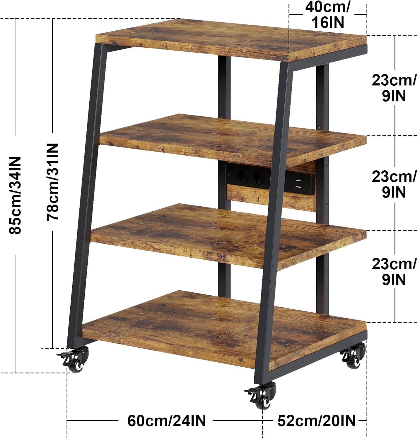 4-tier HiFi shelf with wheels, power strips & LED lights for stereo systems, TV
