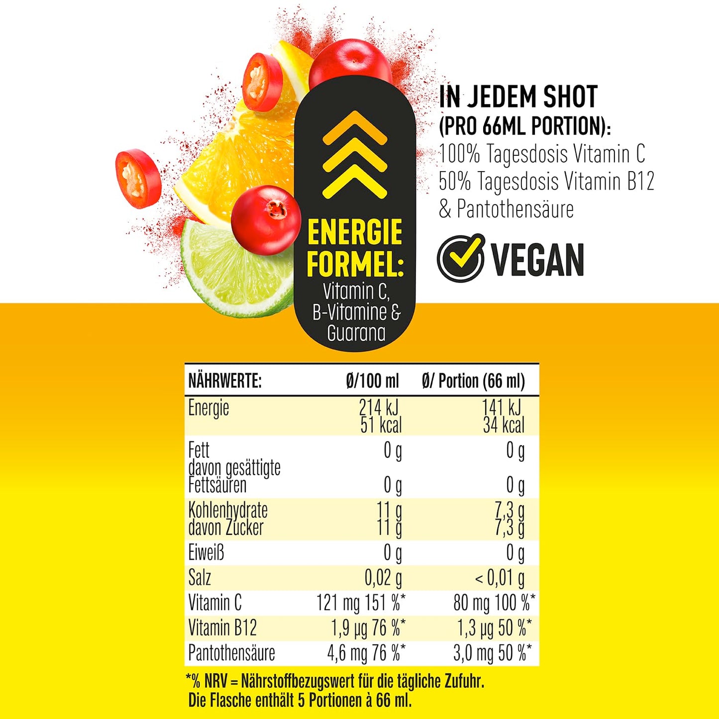 hohes C Super Shots Energy (3x 330ml): Vegan, no added sugar & preservatives