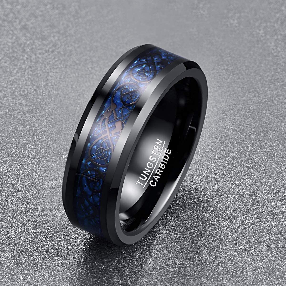 Black Tungsten Ring with Celtic Dragons for Men: Blue Carbon Fiber Polished (8mm)