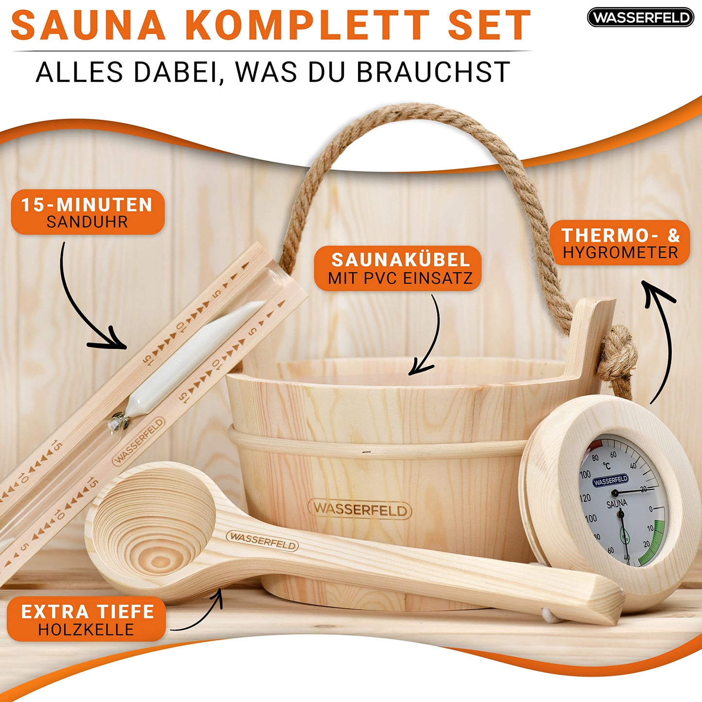WASSERFELD® Sauna Bucket Set (4 liters) with ladle, hourglass, thermometer & hygrometer | Heat-resistant