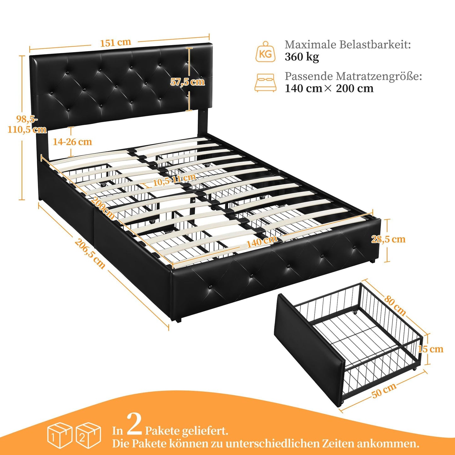 Upholstered bed with 4 storage drawers (140x200cm): Double bed frame with slatted frame | Black