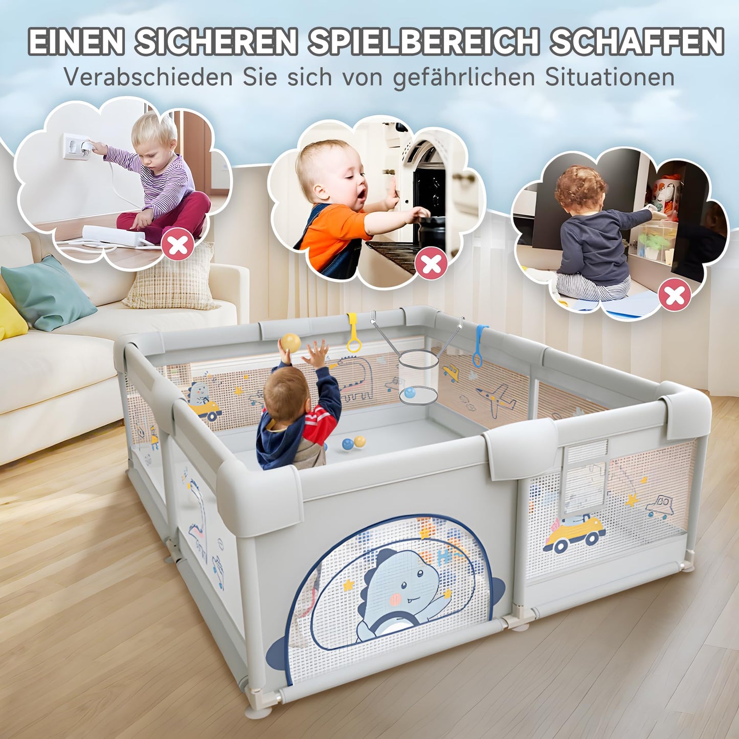 Baby playpen with non-slip floor (200x180cm) including 60 sea balls, 4 handles, playpen, storage bag