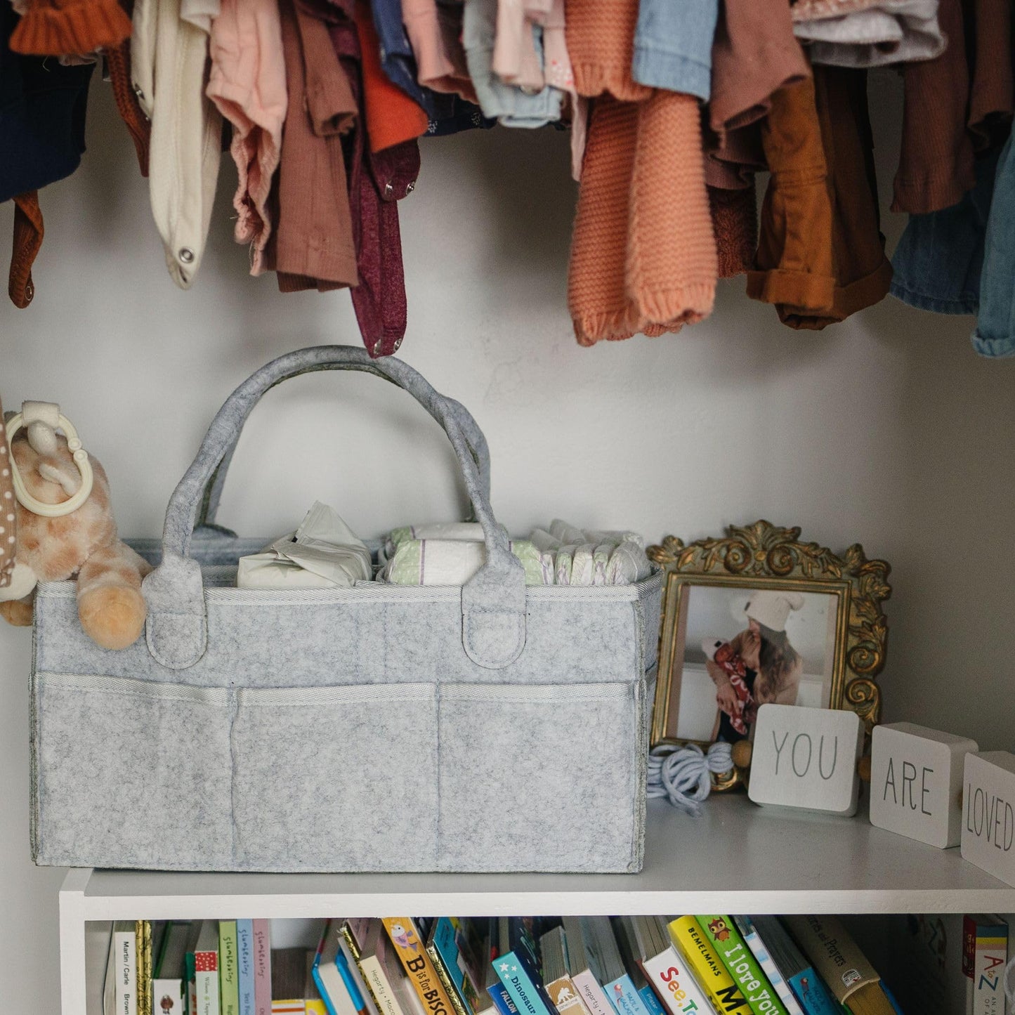 Storage basket for baby items, changing table & care with 8 outside pockets: Baby gift