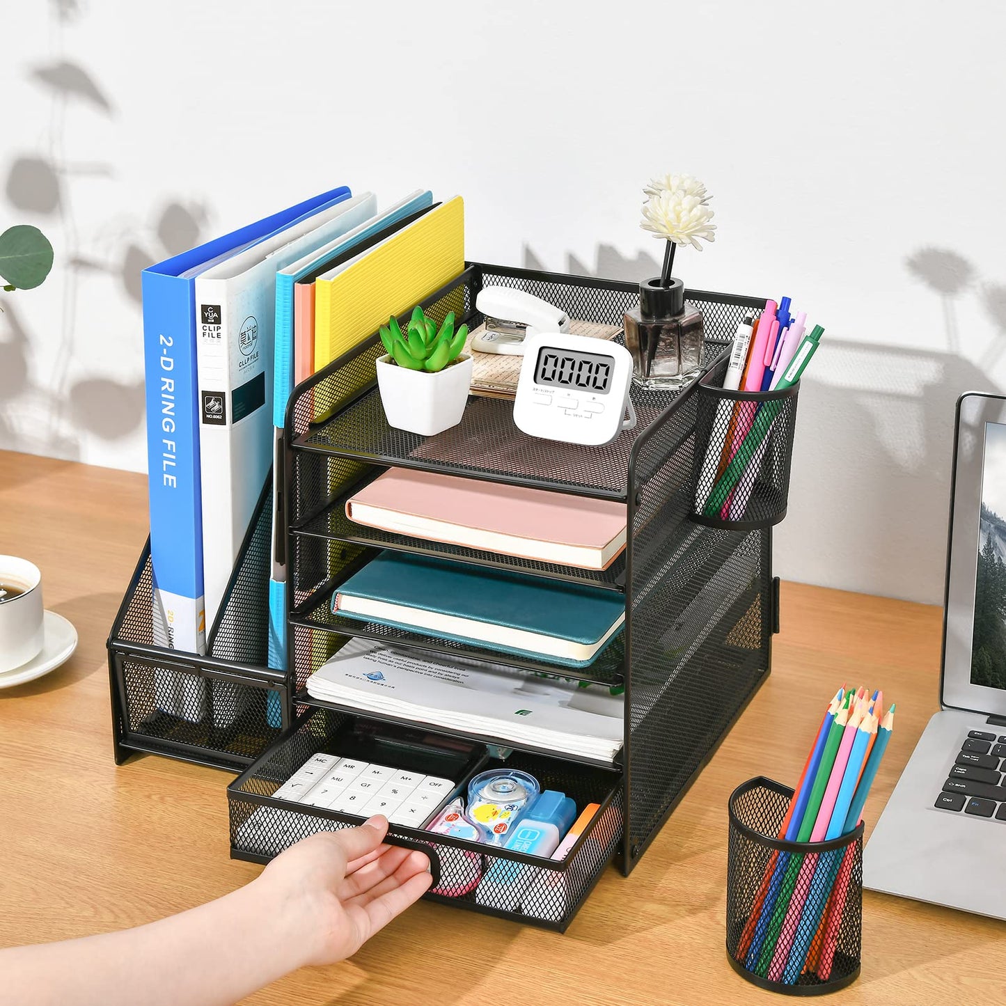 Desk organizer with file holder: 5 storage compartments with drawer, 2 pen holders (black)