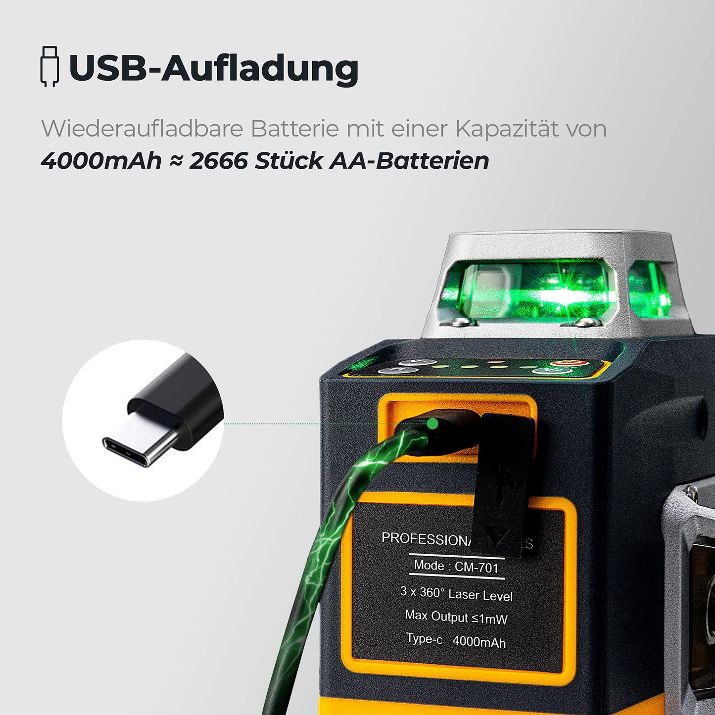 Cross line laser, CIGMAN (3x360 degrees) Green: Self-leveling laser spirit level, construction laser