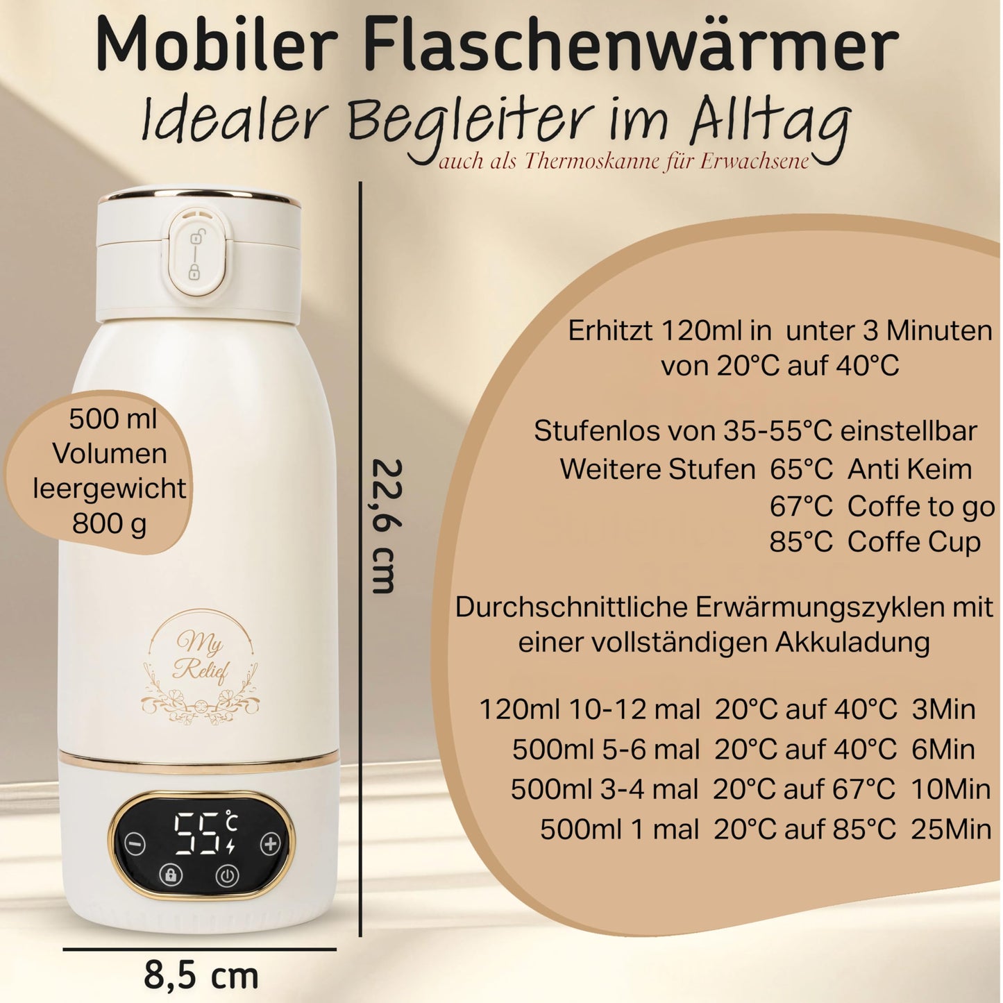 My Relief Battery Thermos, Bottle Warmer (18000mAh) 35-85°C Adjustable
