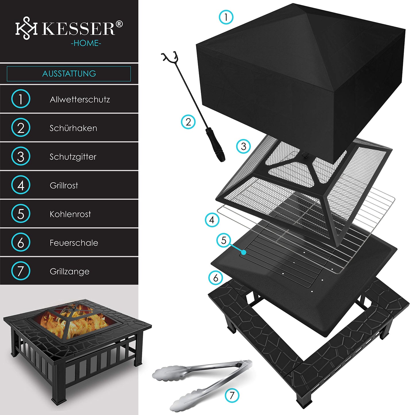 KESSER® fire pit with grill grate & grill tongs: fire bowl, BBQ grill with spark guard