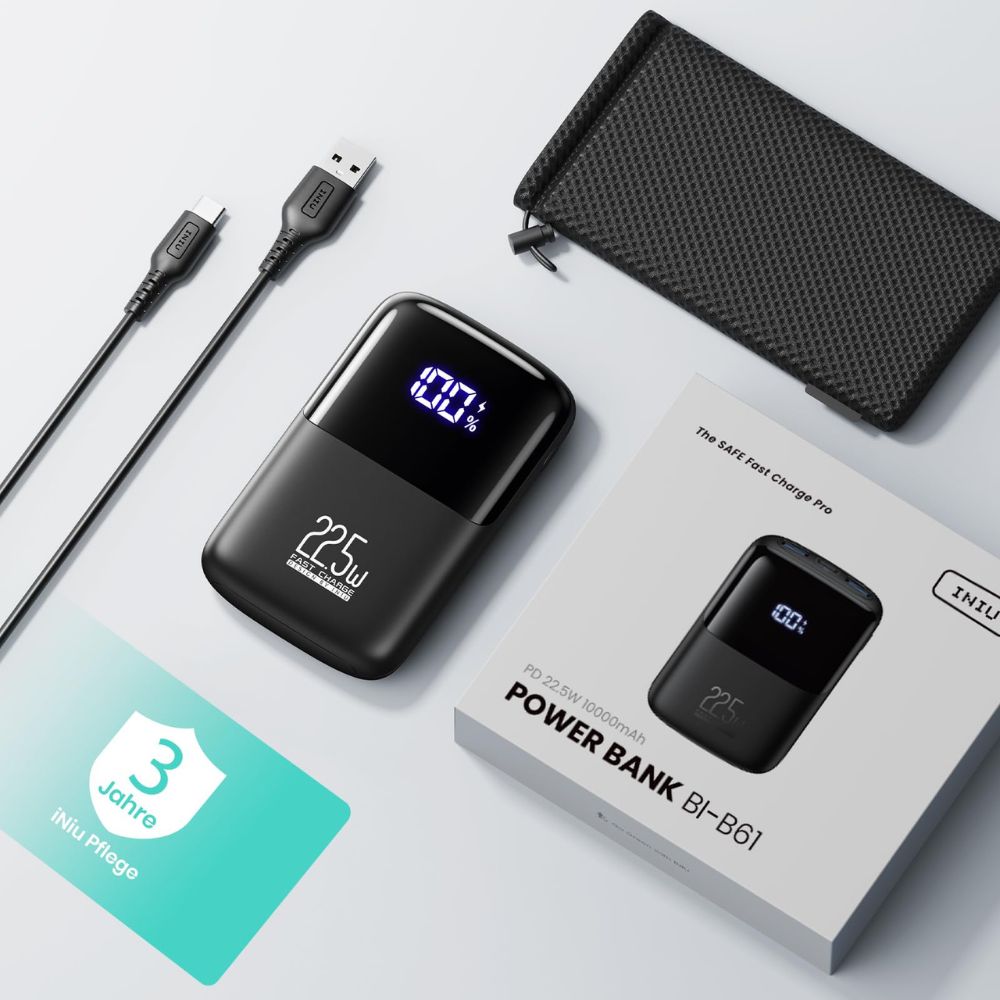 INIU Powerbank (10000mAh - 22,5W) mit LED-Anzeige: Klein aber Stark | USB-C In- & Output