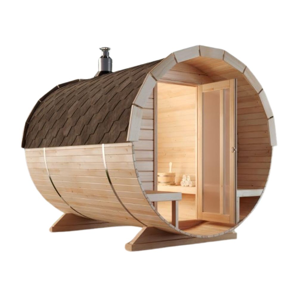 FinnTherm Saunafass 'Carrie' für Außen mit 2 Sitzbänke aus Holz | Wandstärke: 42mm