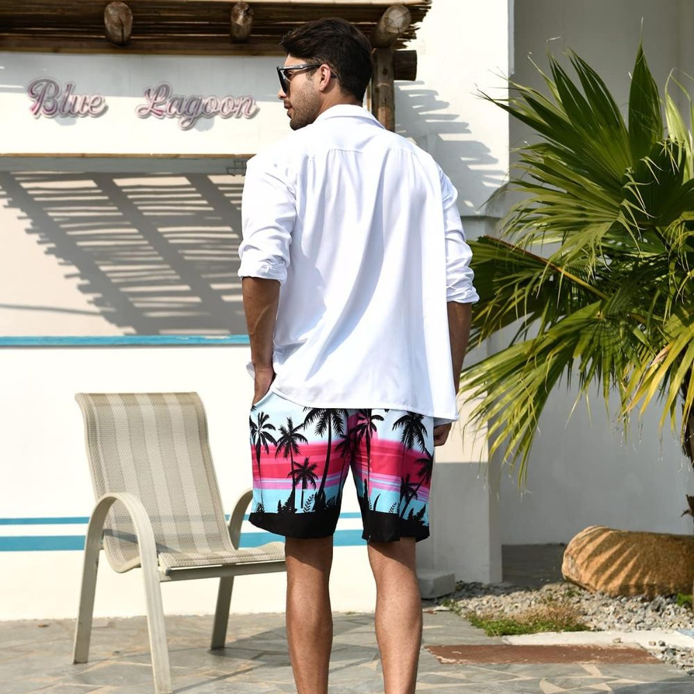 NEWISTAR Hawaii Badehose Herren für Strand mit 3D Palme Druck: Schnelltrocknend mit Kordelzug