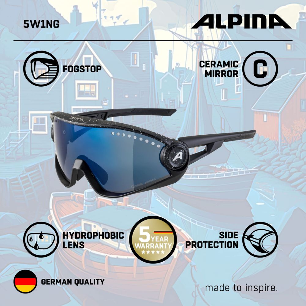 Alpina '5W1NG CM+' unisex sports glasses: 100% UV protection, ceramic lenses, fogstop (black-blur)