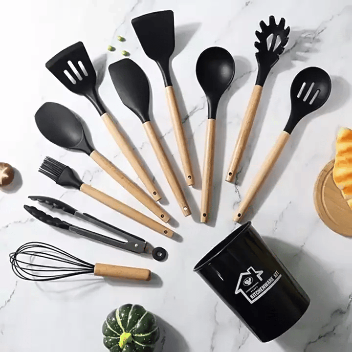 12-Piece Premium Silicone and Wooden Handle Kitchen Utensil Set with Non-Stick Surface