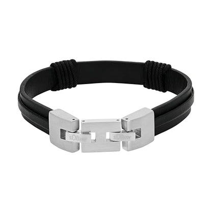 s.Oliver 'Infinity' Leder-Edelstahl Armband für Herren in Schwarz (Länge: 20-21,5cm)