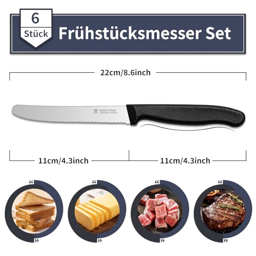 Hochwertiges Edelstahl Wellenschliff Frühstücksmesser (6 Stück) mit Kunststoffgriff: Spülmaschinenfest