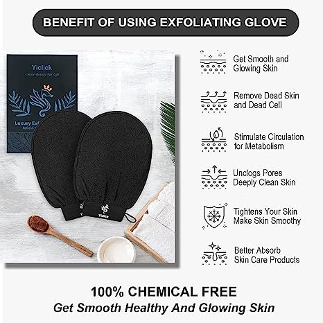 Yiclick Korean Exfoliating Bath Gloves for Women and Men (Black)