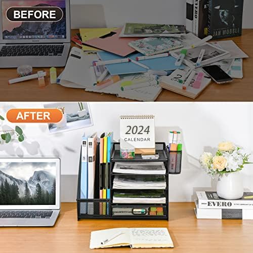 Desk organizer with file holder: 5 storage compartments with drawer, 2 pen holders (black)