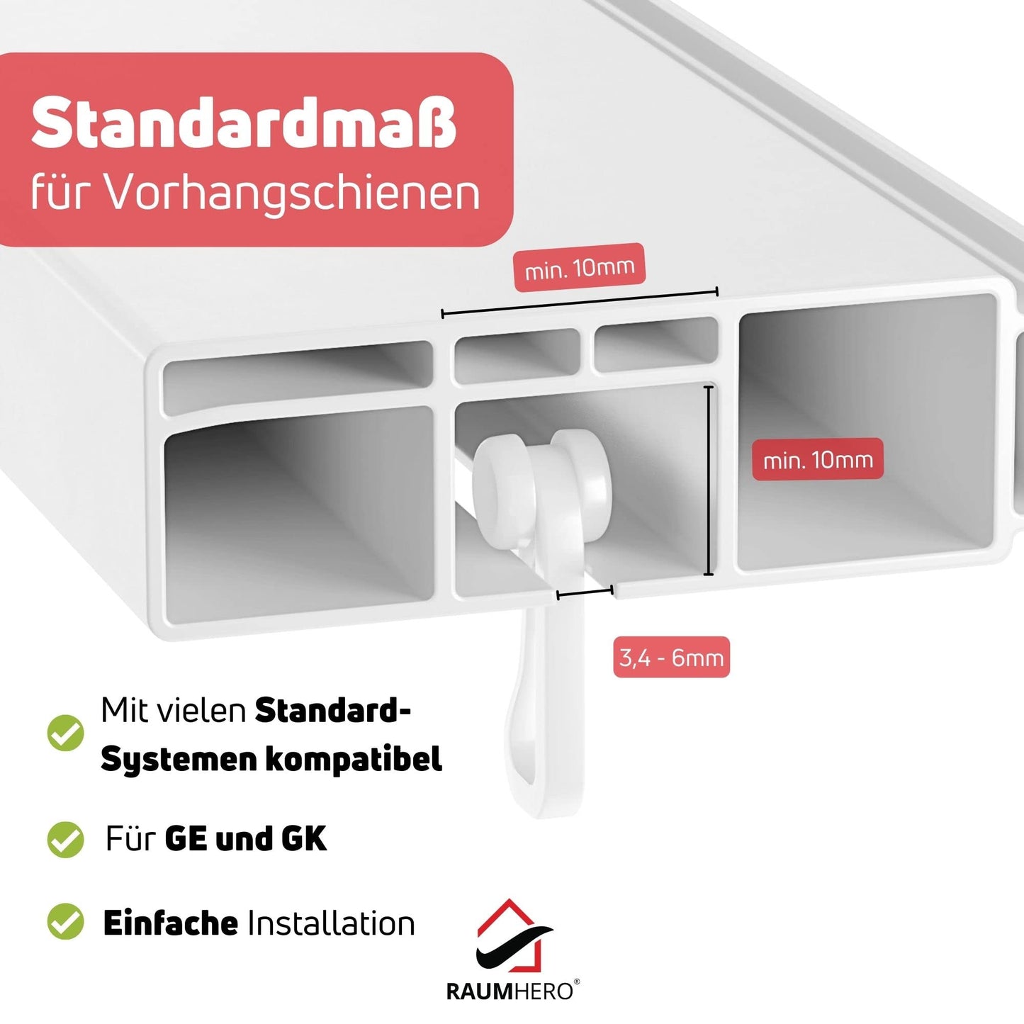 Raumhero curtain roller gliders (100 hooks &amp; 6 fasteners) -White- Made in Germany