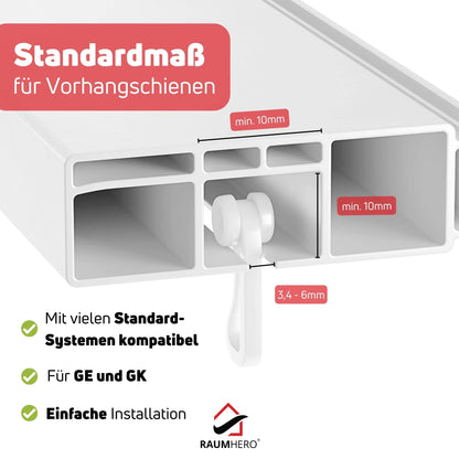 Raumhero curtain roller gliders (100 hooks &amp; 6 fasteners) -White- Made in Germany