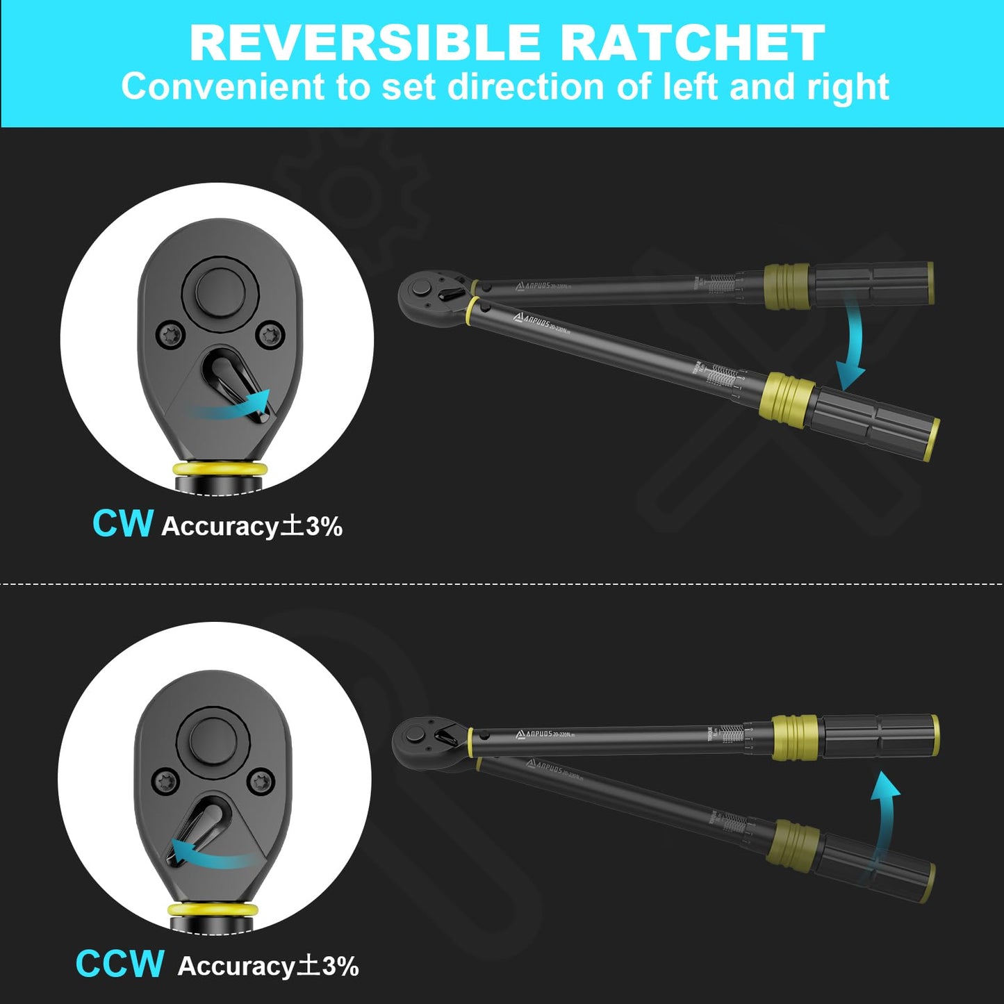 Torque wrench 1/2 inch, 20-220 Nm, ±3% error accuracy: 72 teeth tire wrench tool with storage box