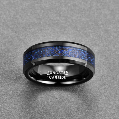 Black Tungsten Ring with Celtic Dragons for Men: Blue Carbon Fiber Polished (8mm)