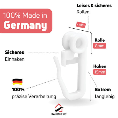 Raumhero curtain roller gliders (100 hooks &amp; 6 fasteners) -White- Made in Germany