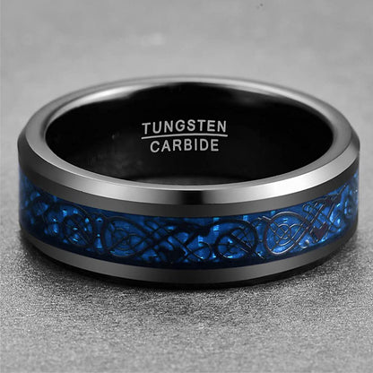 Black Tungsten Ring with Celtic Dragons for Men: Blue Carbon Fiber Polished (8mm)