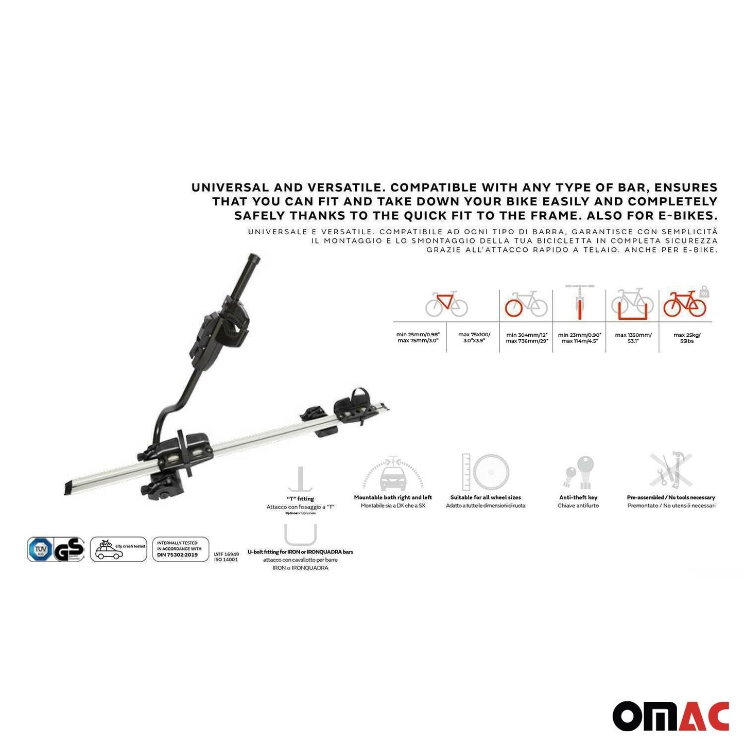 OMAC Farad P-Style roof bike rack for bikes up to 25 kg | TÜV-approved, steel