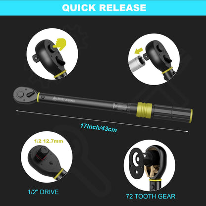 Torque wrench 1/2 inch, 20-220 Nm, ±3% error accuracy: 72 teeth tire wrench tool with storage box