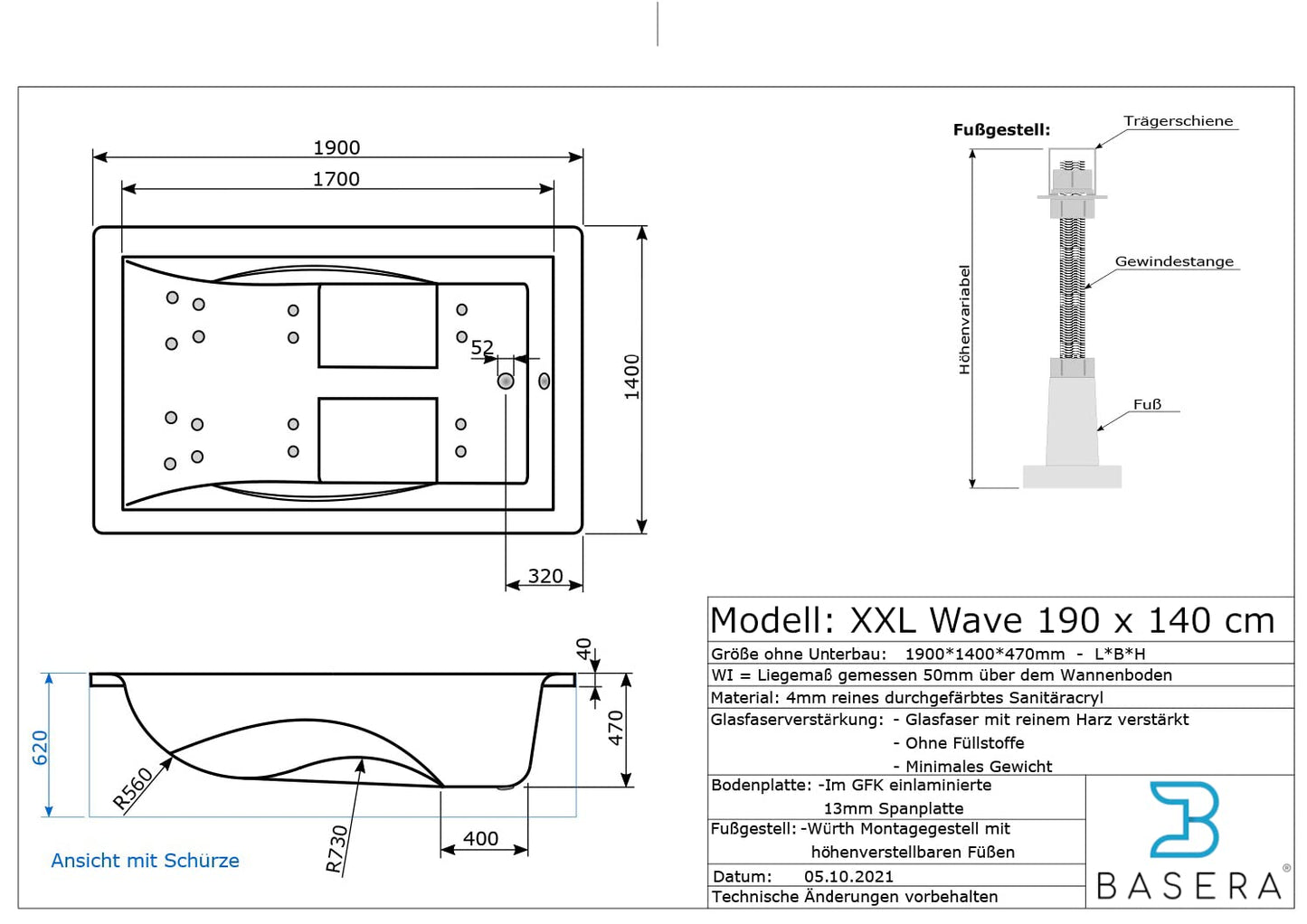Basera® Premium Indoor Whirlpool XXL with 24 massage jets: Heating, LED, touch panel, Bluetooth