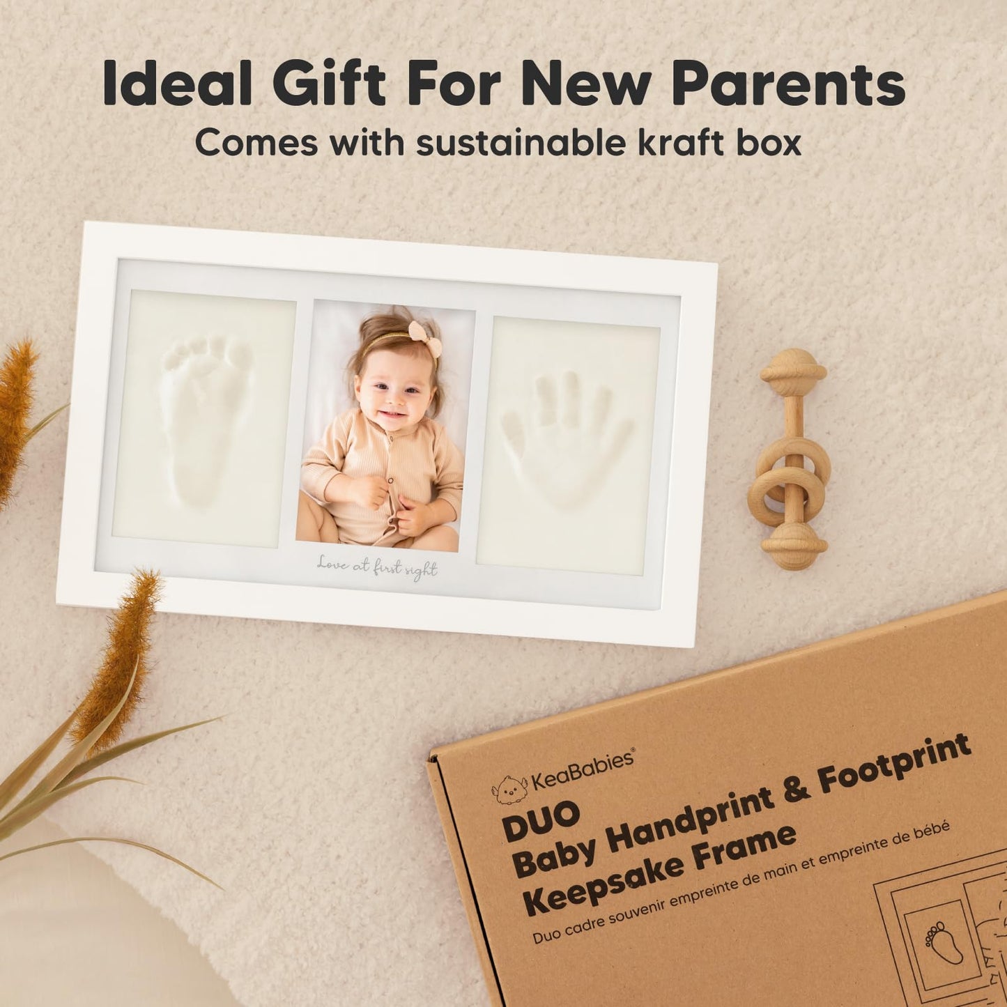Baby hand and footprint set made of plaster for newborns including photo frame (Alpine White)