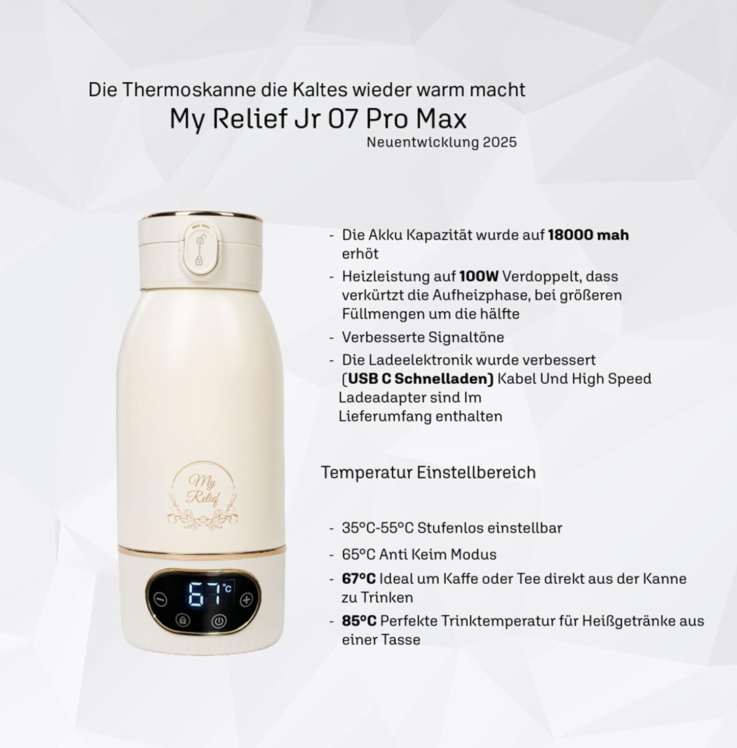 My Relief Battery Thermos, Bottle Warmer (18000mAh) 35-85°C Adjustable