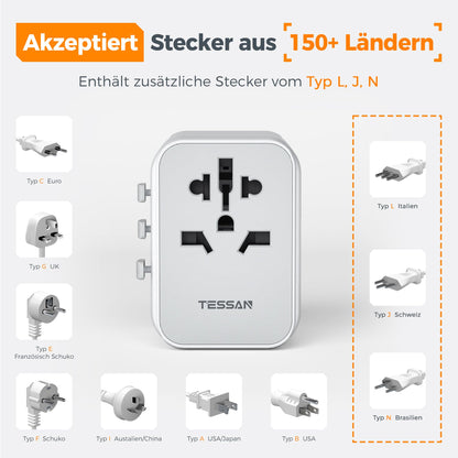 TESSAN Universal Reiseadapter mit 3 USB-A und 1 USB-C: Internationaler Steckdosenadapter
