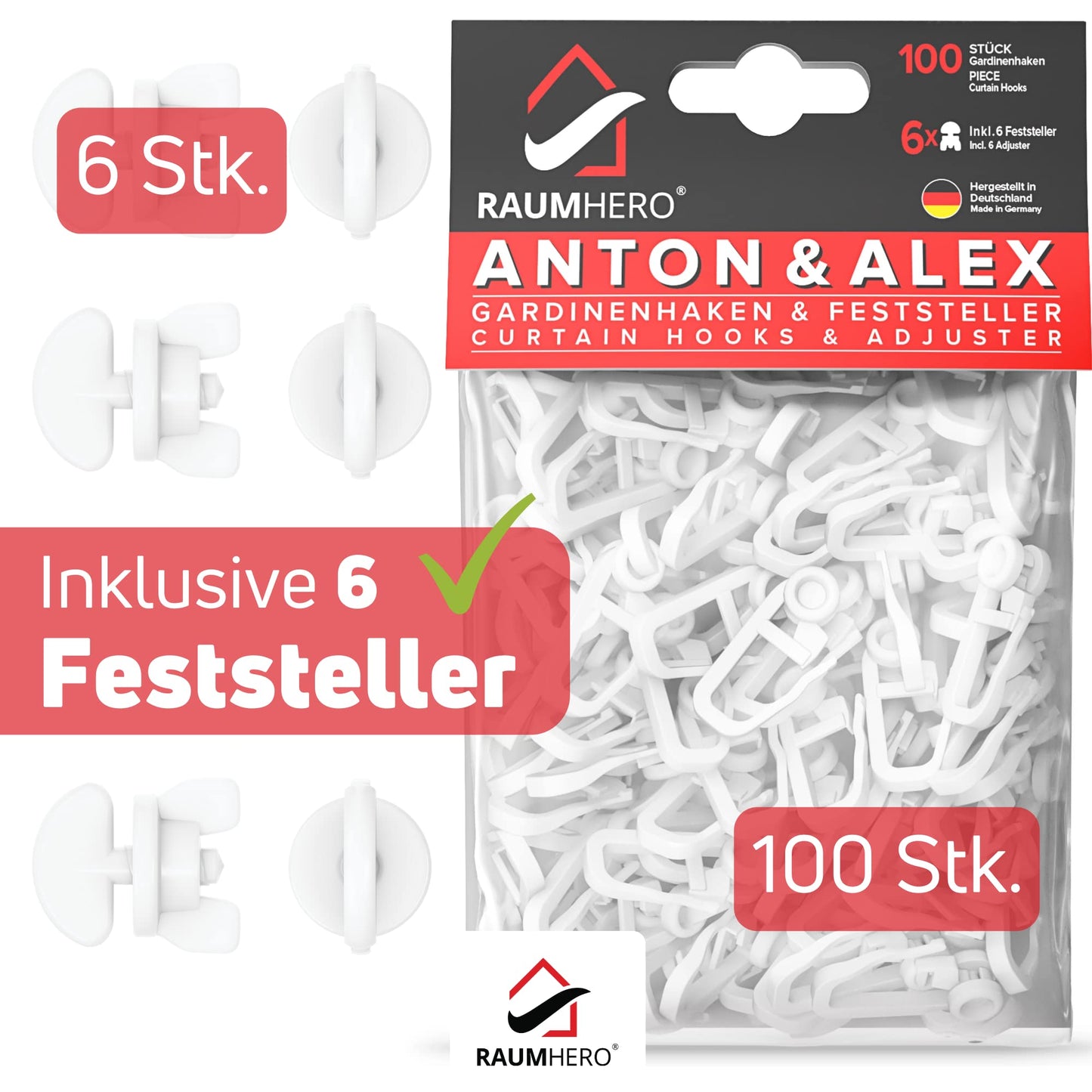 Raumhero curtain roller gliders (100 hooks &amp; 6 fasteners) -White- Made in Germany