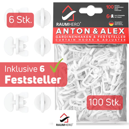 Raumhero curtain roller gliders (100 hooks &amp; 6 fasteners) -White- Made in Germany
