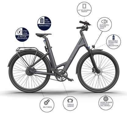 ADO Air 28 E-Bike (2 pieces): 345.00 Wh battery, torque sensor, belt drive, APP (Gray)