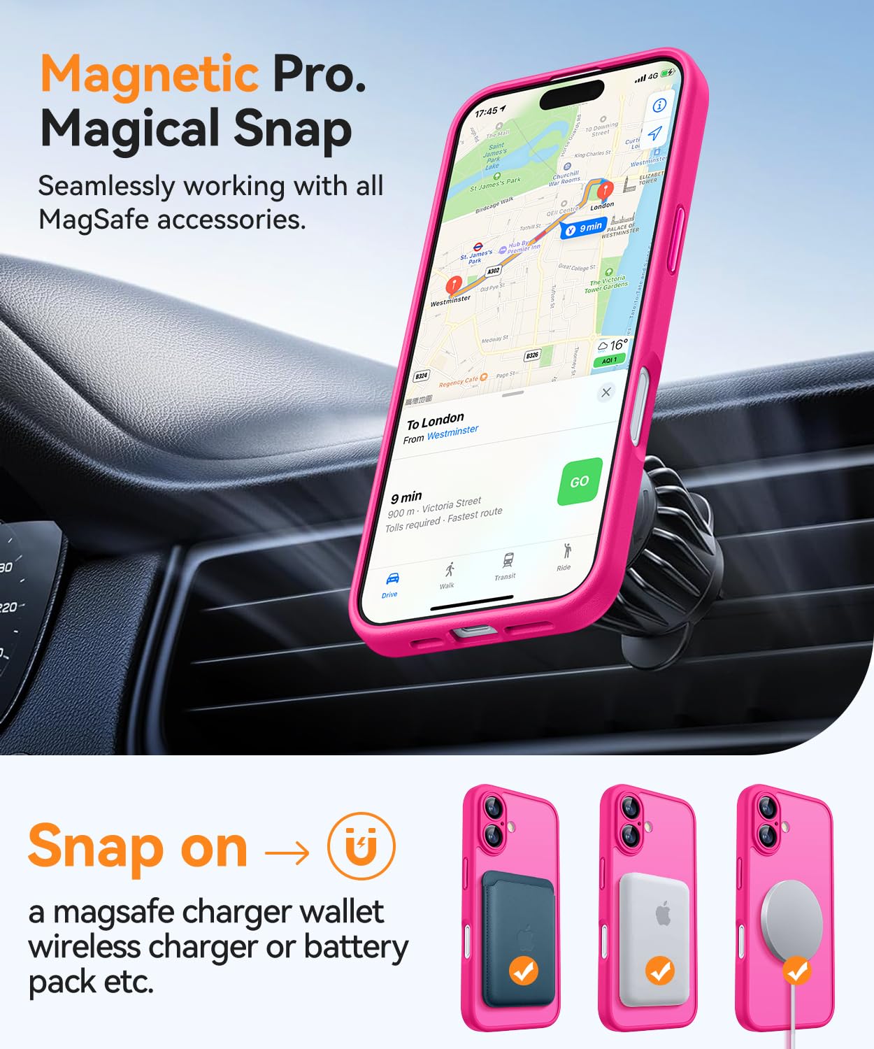 iPhone 16 Case with Camera Protection for Magsafe: Shockproof, Bright Pink