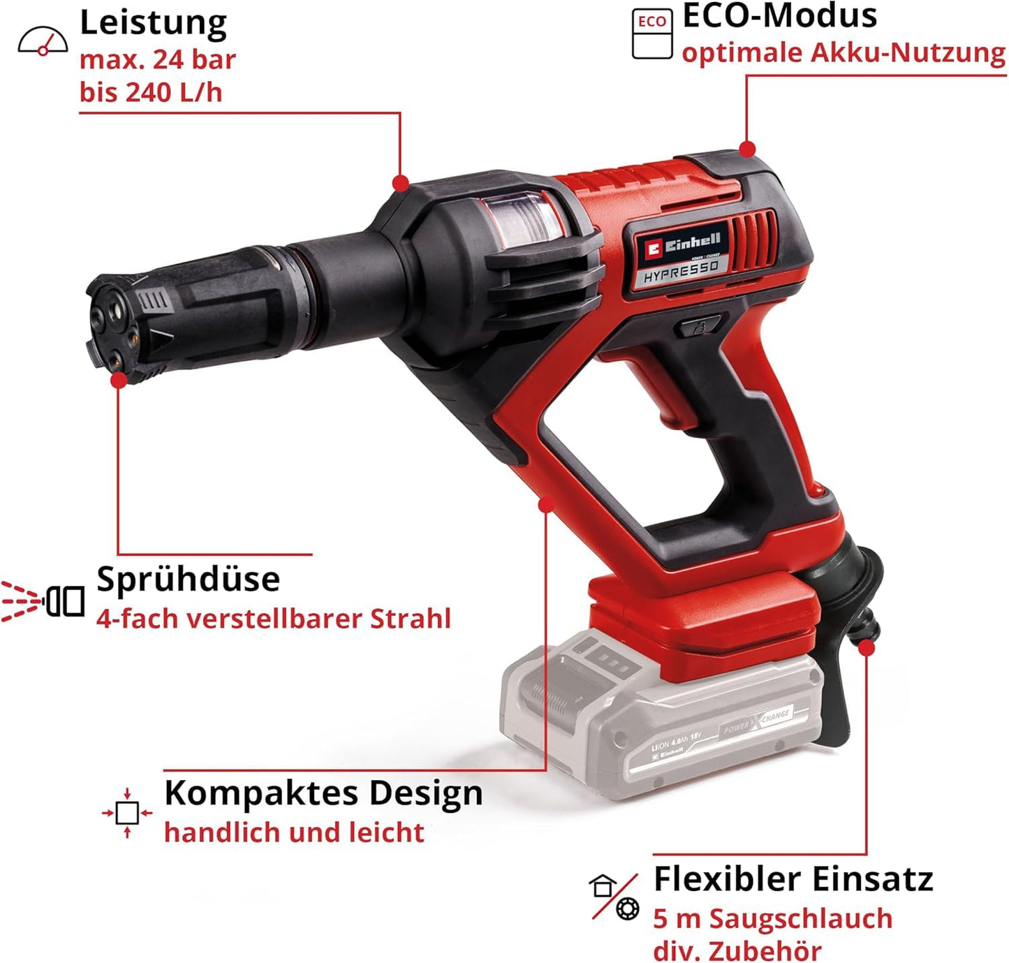 Einhell cordless pressure washer gun HYPRESSO 18/24-1 Power X-Change including accessories (18V, 24 bar, 240 L/h)