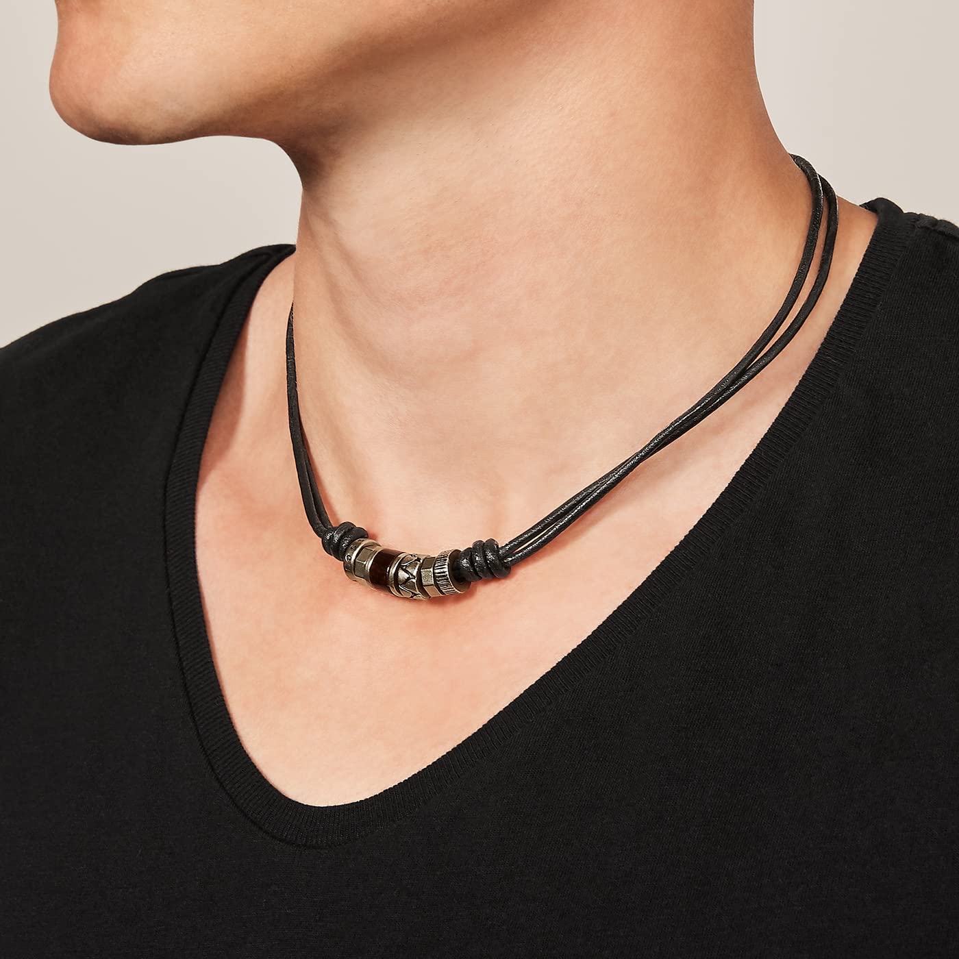 Fossil genuine leather necklace for men in color: brown with silver details
