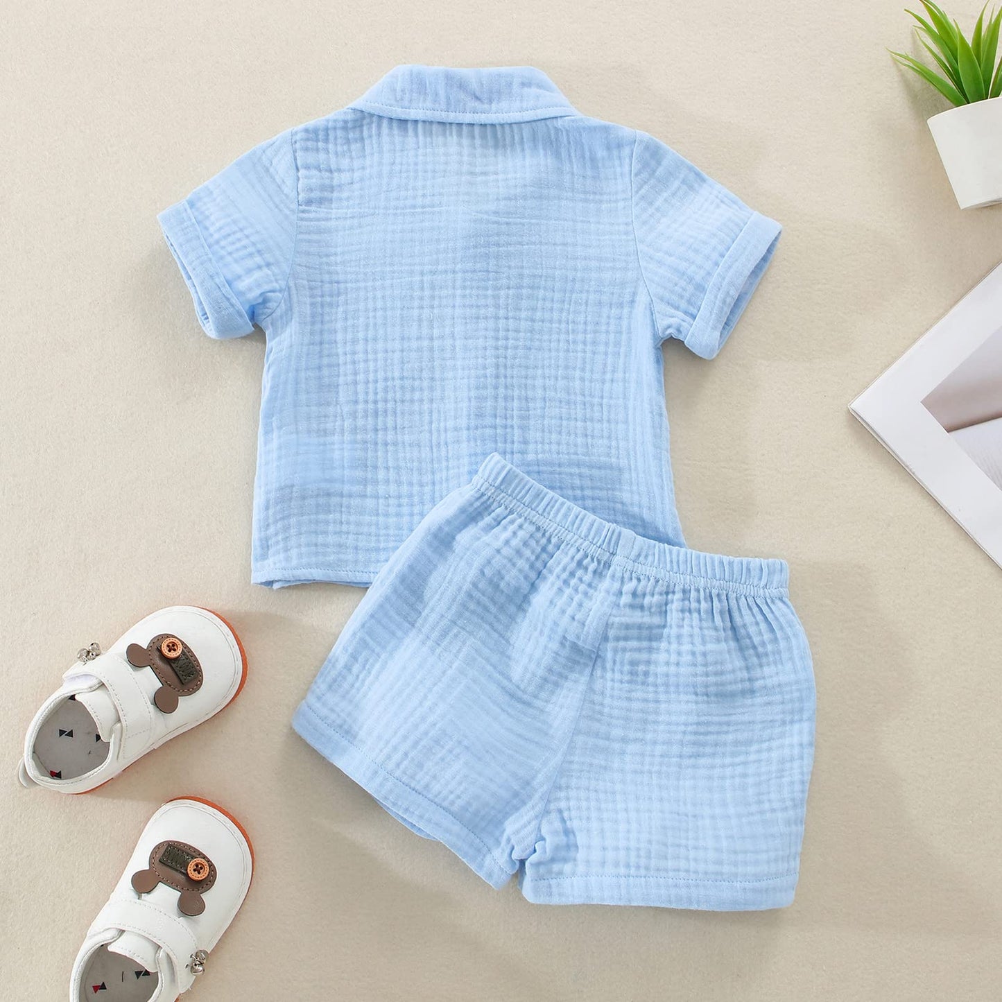 Zweiteiler-Kleidung-Set für Kleinkind, Jungen: Baumwolle-Leinen Outfit (Blau - in verschiedenen Größen)